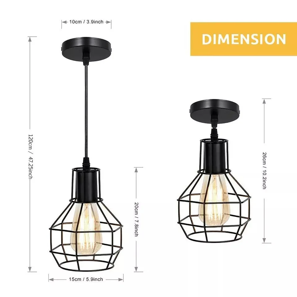 Vintage industrial black and rustic red metal cage pendant light with adjustable cable light hanging from ceiling rose