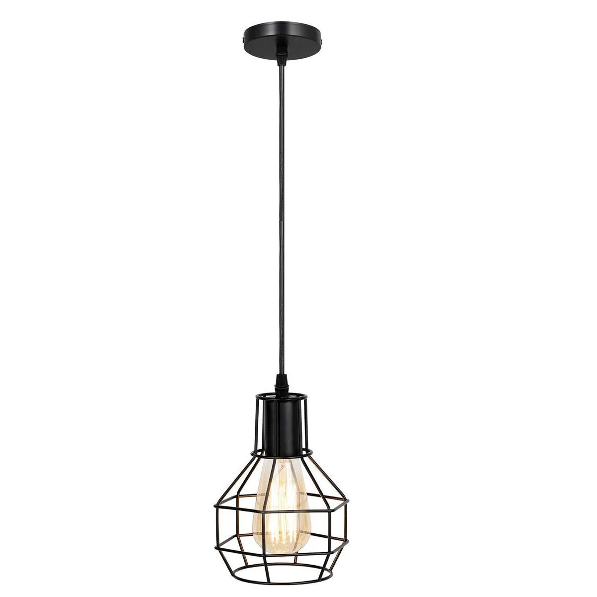 Industrial pendant light with black and rustic red metal cage, hanging from ceiling with 95cm adjustable cable