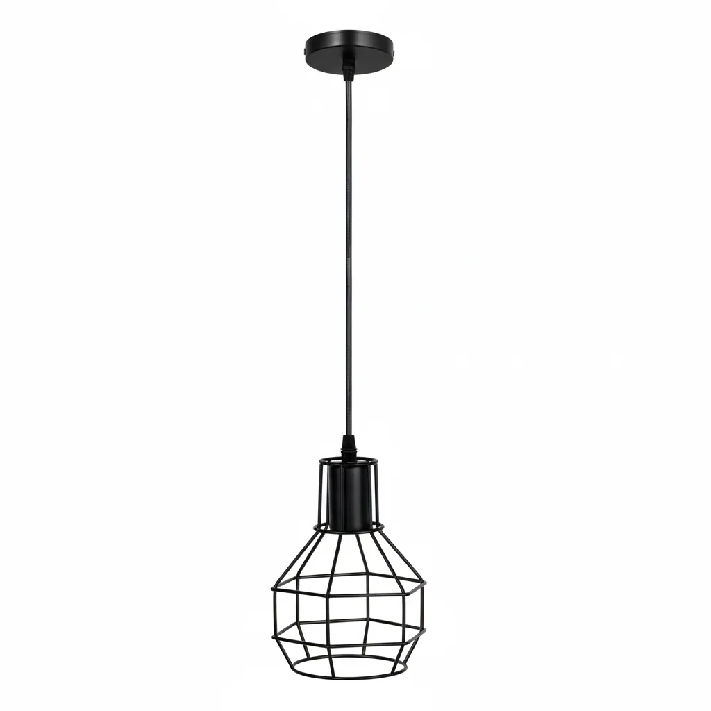Black and rustic red metal industrial pendant light cage with adjustable 95cm cable and E27 bulb base hanging from ceiling