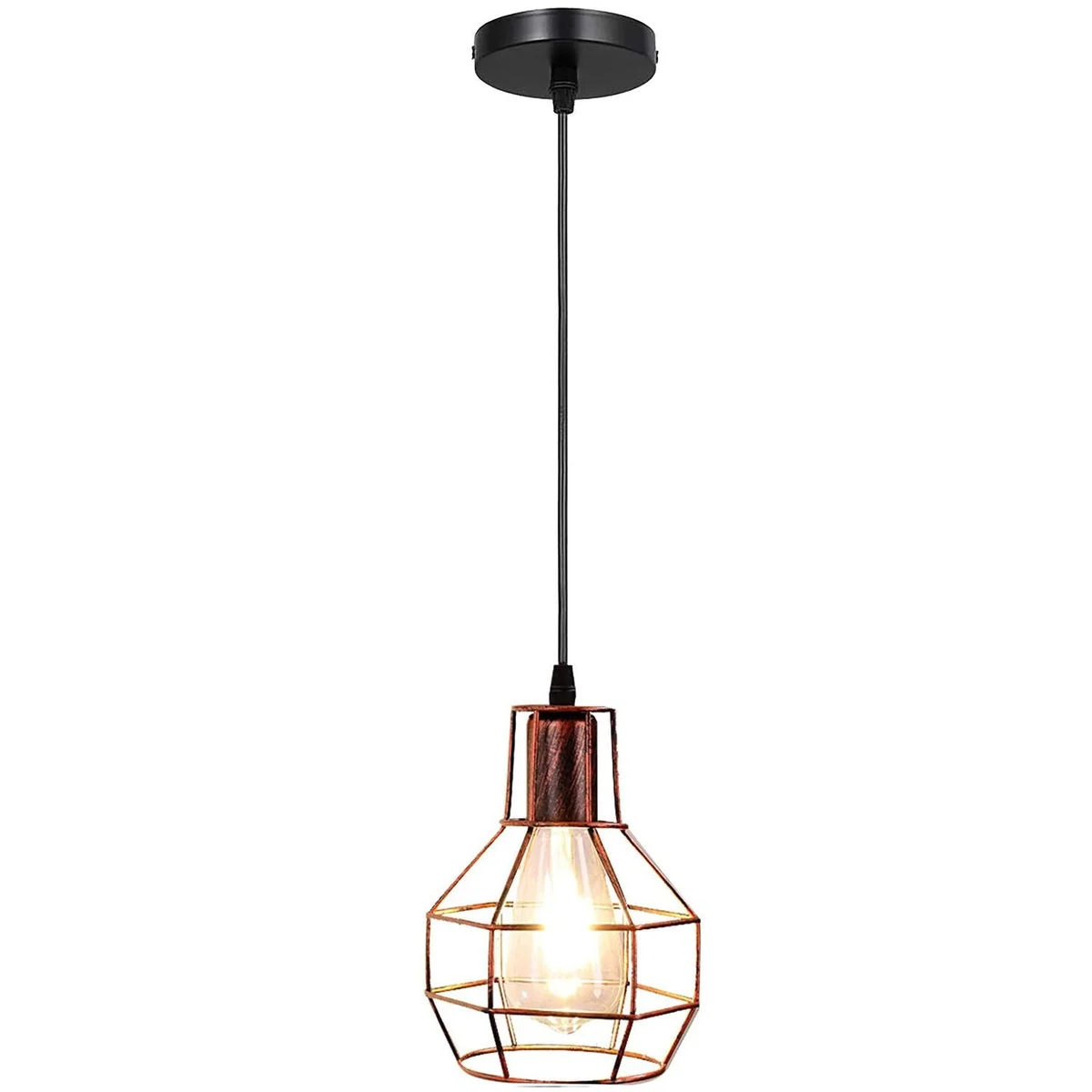 Black and rustic red metal industrial pendant light cage with adjustable 95cm cable and ceiling rose fitting