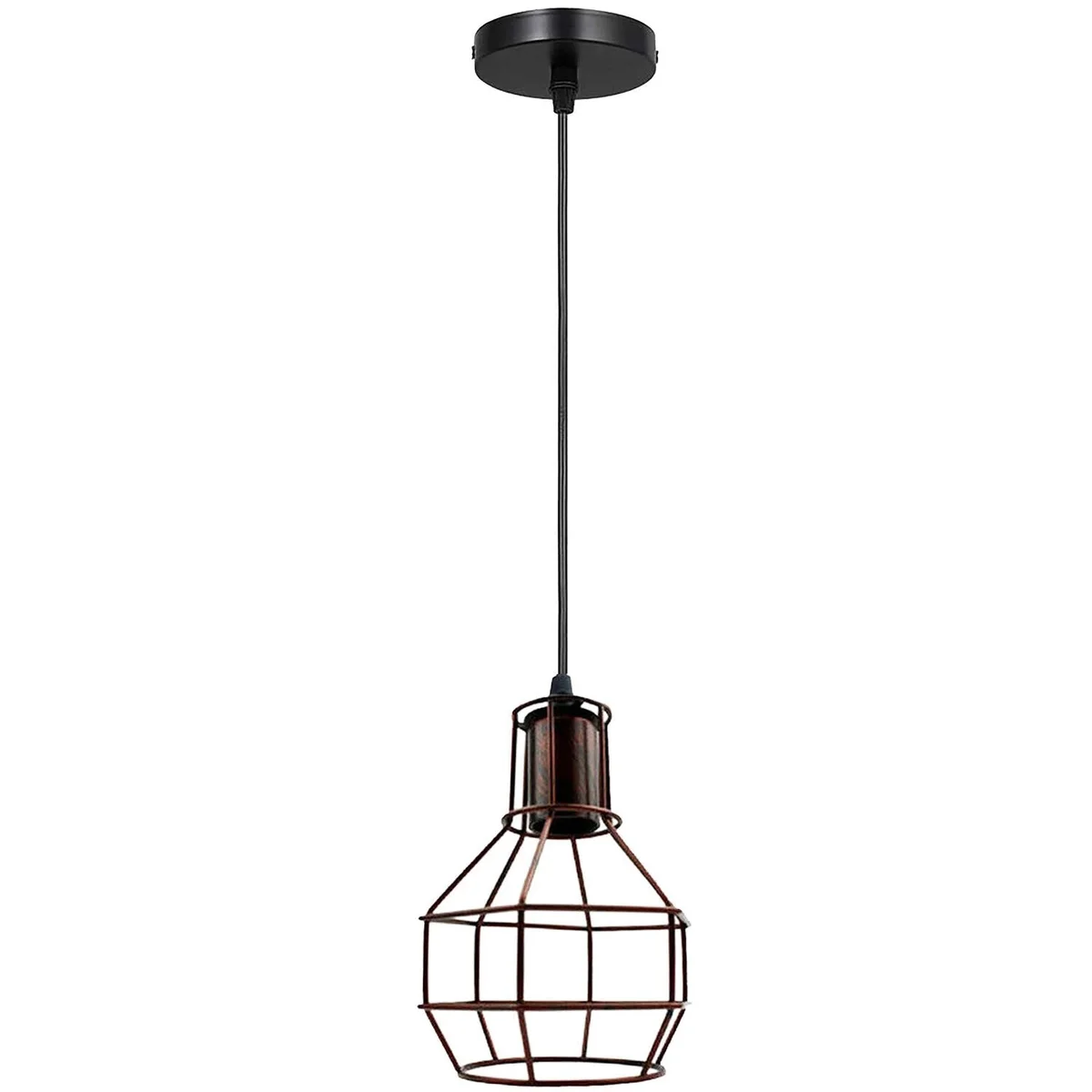 Industrial pendant light with black and rustic red metal cage, hanging from ceiling with 95cm adjustable cable