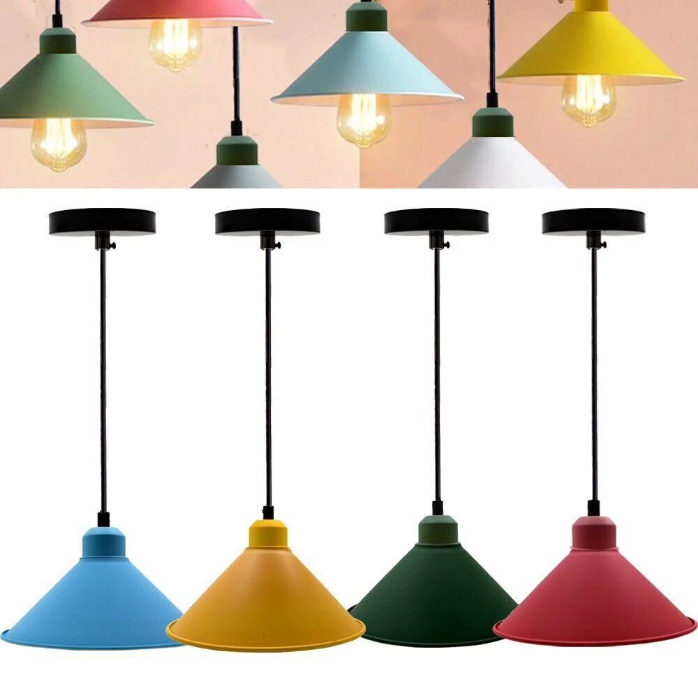Yellow modern pendant light with industrial vintage metal shade, suitable for living rooms and bedrooms.