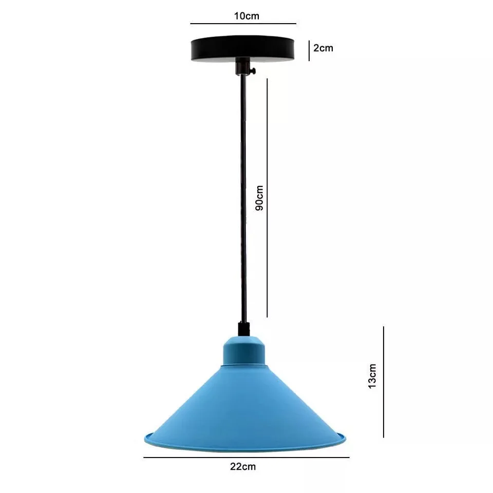 Blue modern vintage metal pendant lamp shade with industrial design hanging against white background