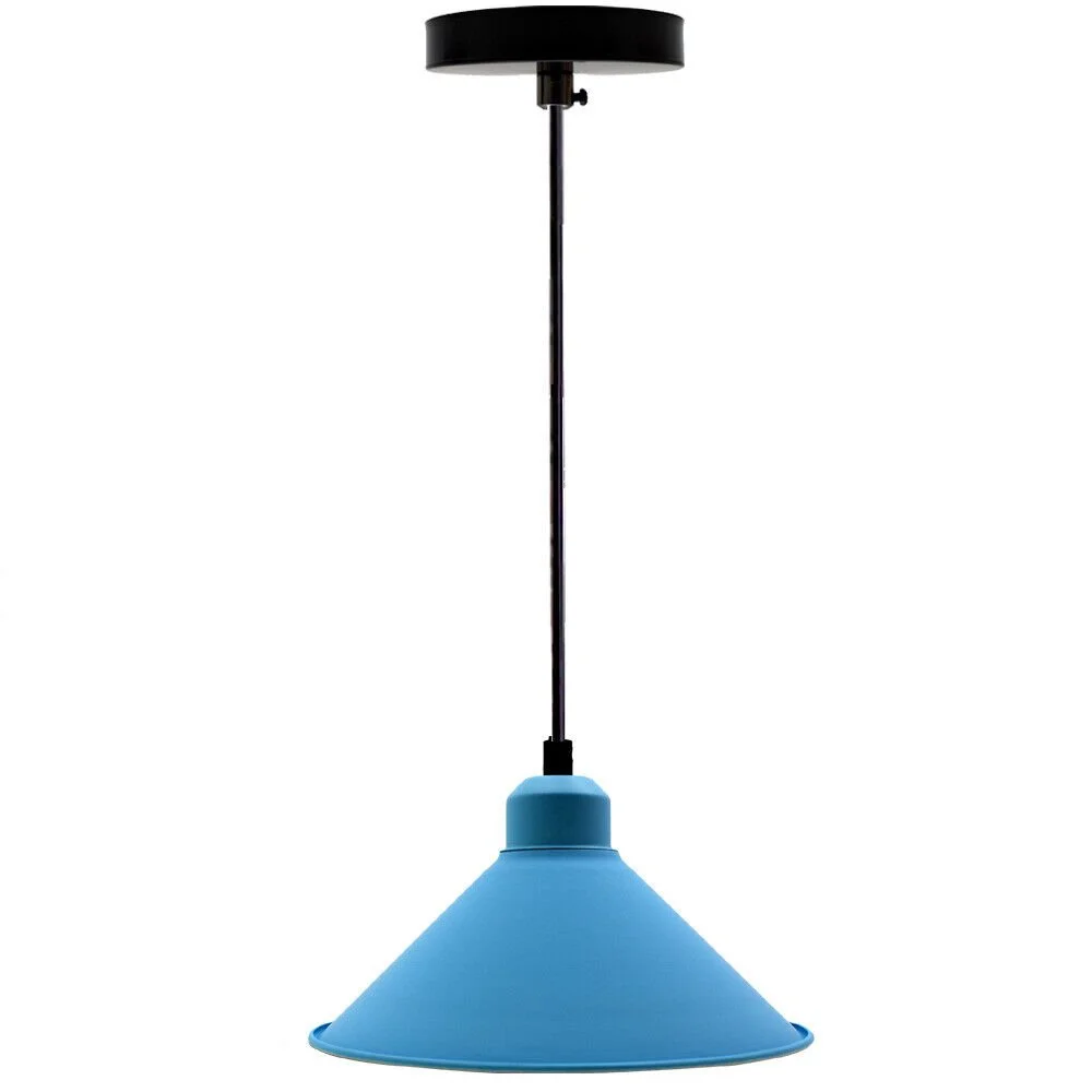 Modern vintage industrial ceiling lamp shade in blue with E27 lamp holder pendant and ceiling rose accessories visible
