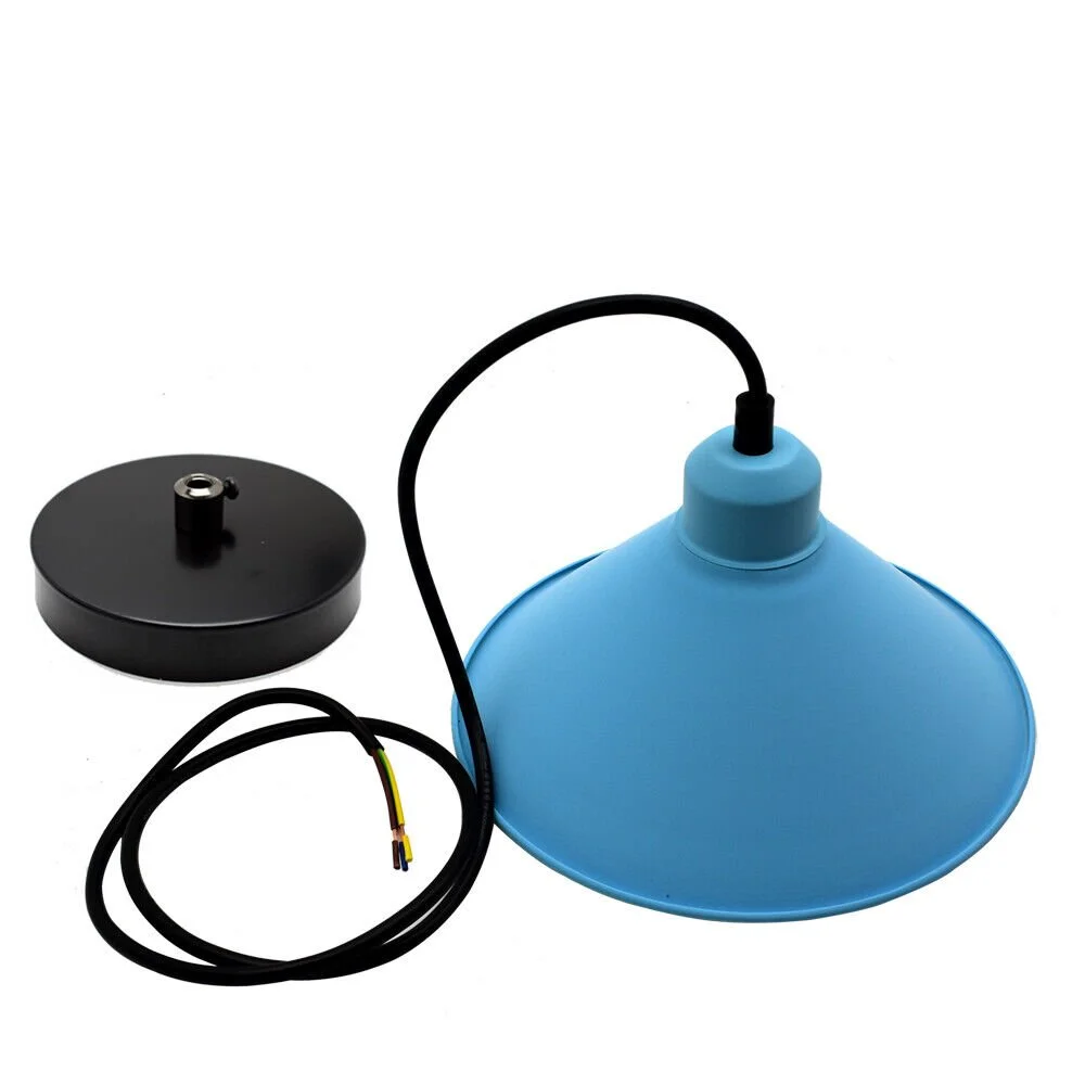 Colourful pendant lighting with modern vintage industrial design in yellow, blue, green, and pink aluminium shades hanging ceiling lamp