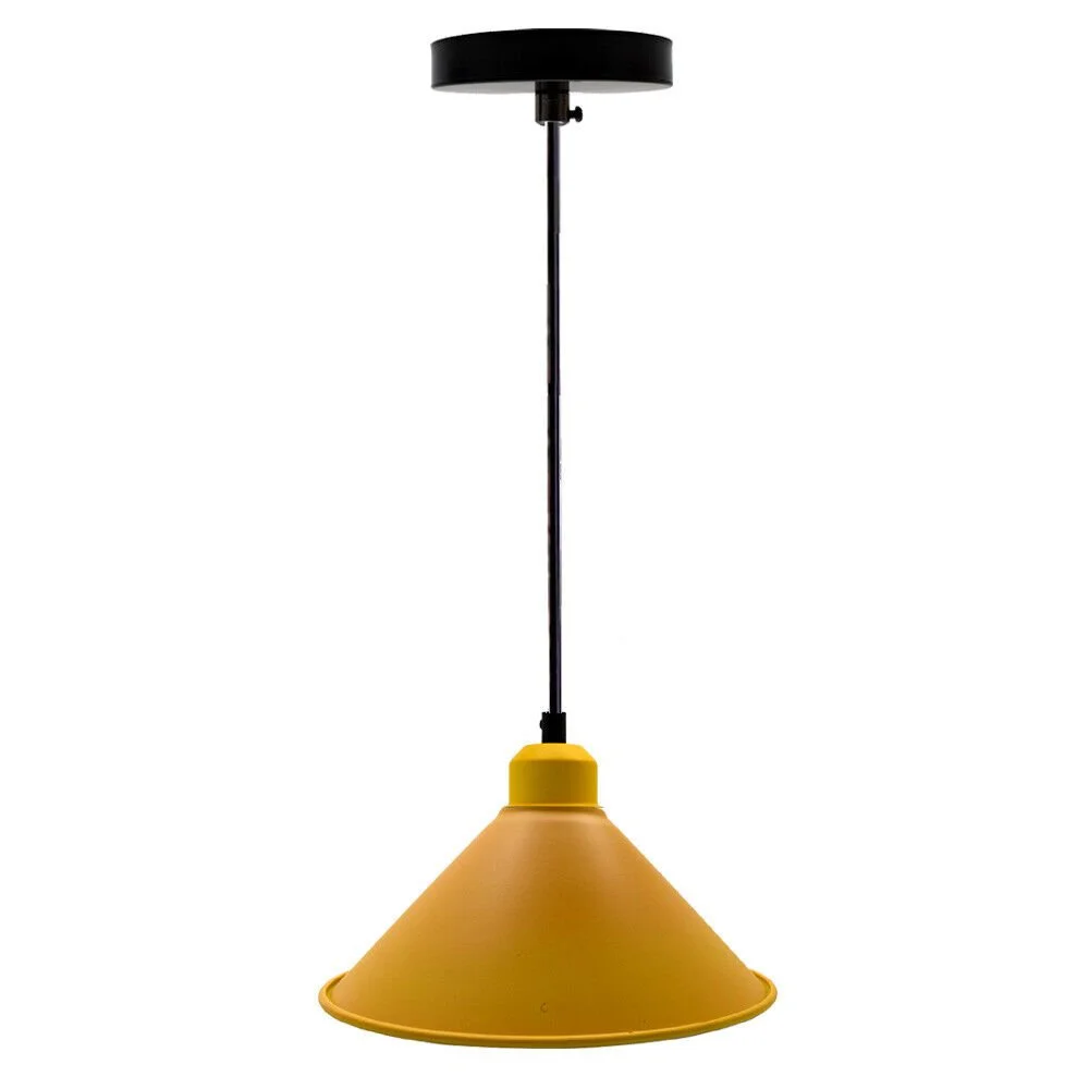 Yellow modern pendant light with industrial ceiling lamp shade and E27 holder hanging from ceiling rose