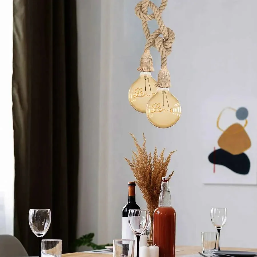 Double head hemp rope pendant light with two adjustable E27 bulb holders hanging from natural hemp ropes