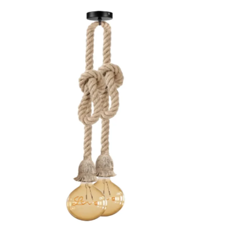 Double head hemp rope pendant light with metal fixtures and adjustable height pendant light cords hanging from ceiling rose