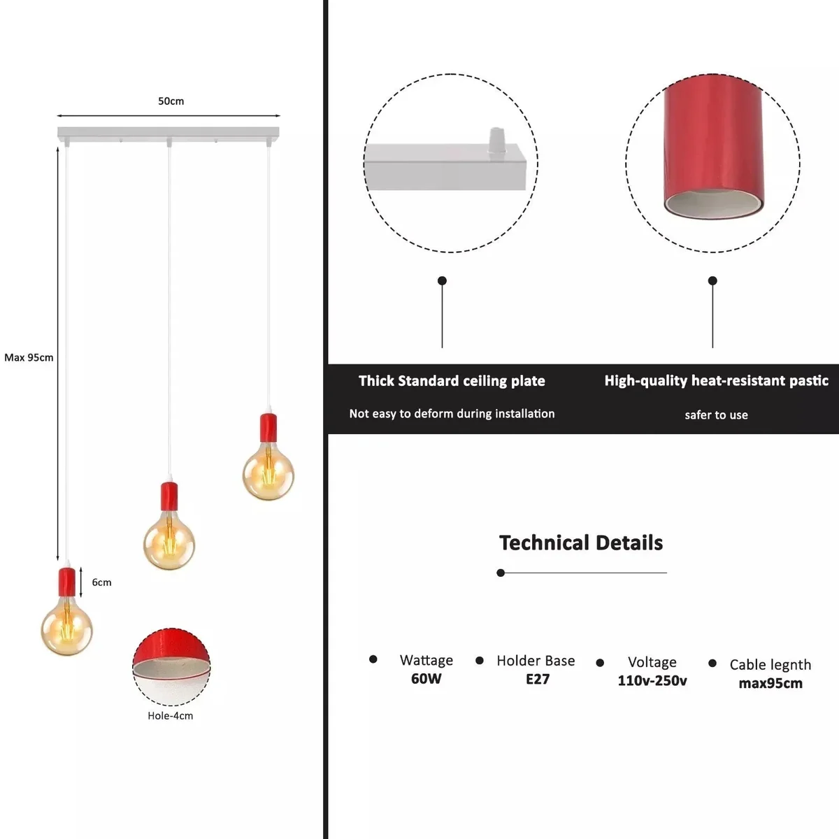 3-bulb vintage metal ceiling pendant with adjustable height pendant cables and E27 fittings for indoor use