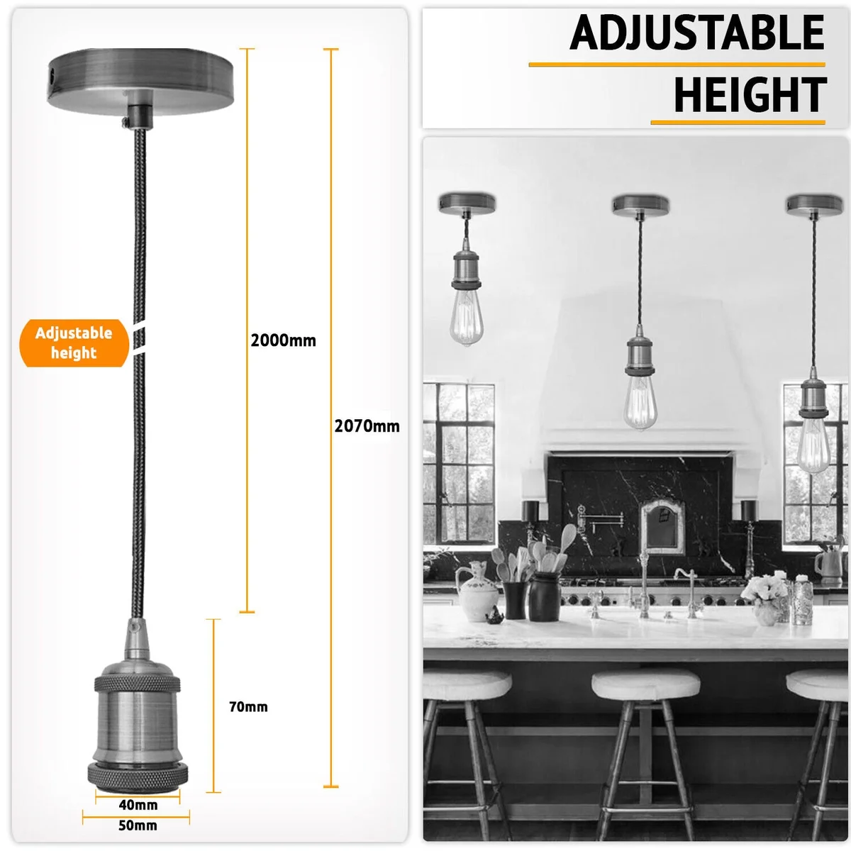 Vintage style metal pendant light with 200cm suspension light cable and E27 holder for indoor ceiling installation