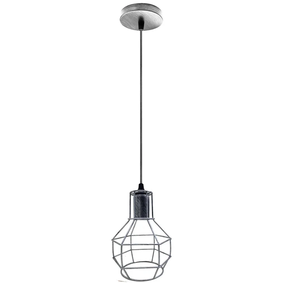 Metal industrial wire cage pendant light with brushed silver finish and E27 base pendant light hanging from ceiling