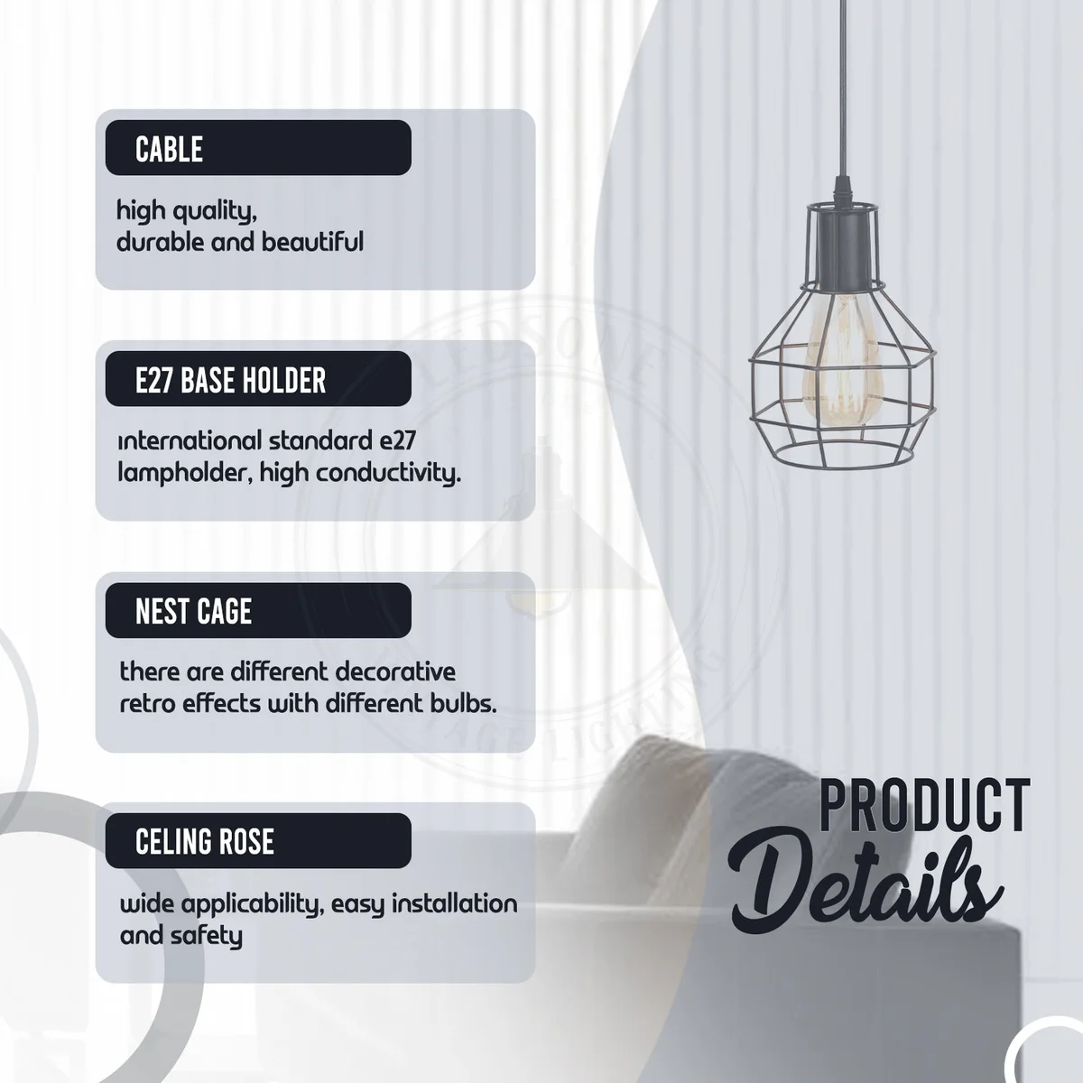 Brushed silver metal industrial wire cage pendant light with spiral design hanging from ceiling, showcasing vintage bulb style