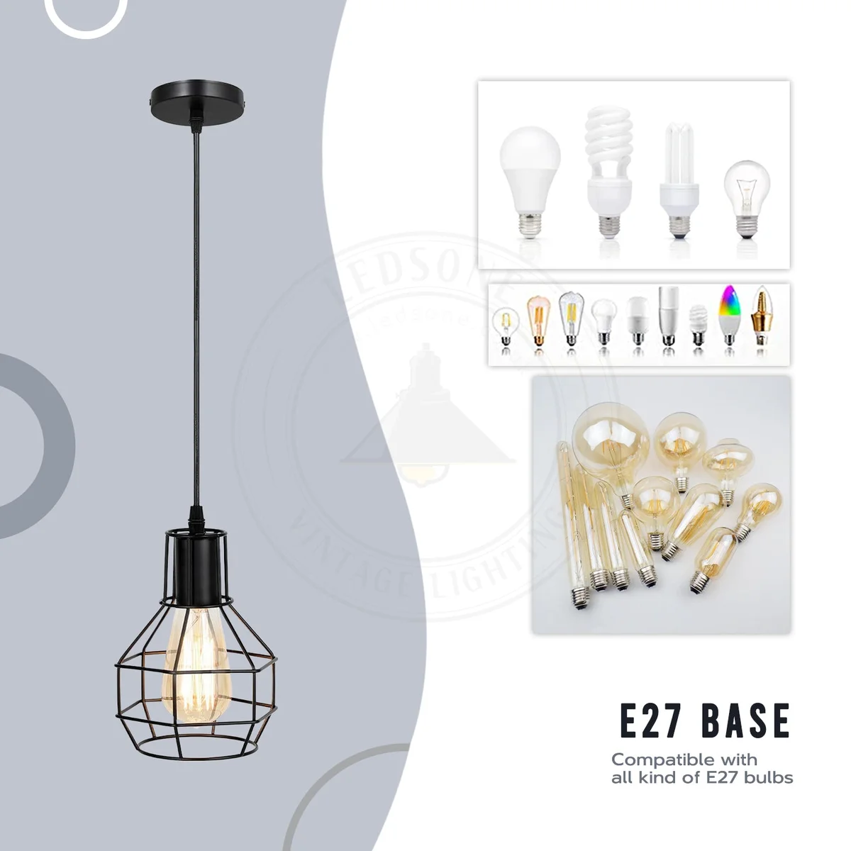 Brushed silver industrial wire cage pendant light with spiral metal cage hanging from ceiling, showcasing vintage bulb style