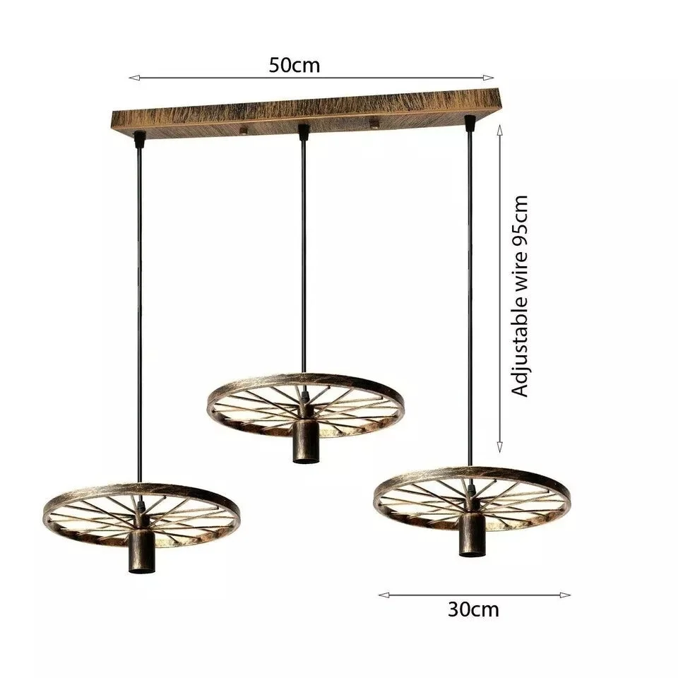 Black vintage wheel retro pendant lamp with three hanging lights and adjustable cables, ceiling mounted design