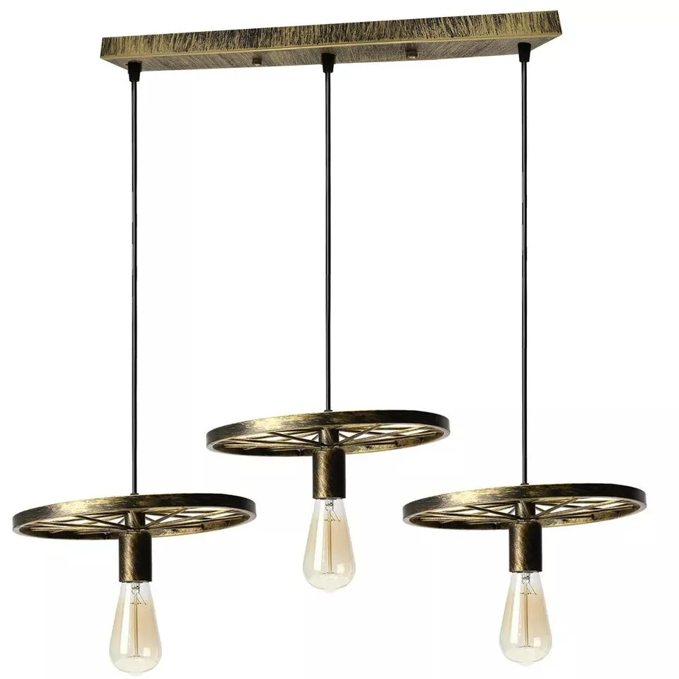 Black vintage industrial ceiling light with three hanging bulbs shaped like a bike wheel pendant shade