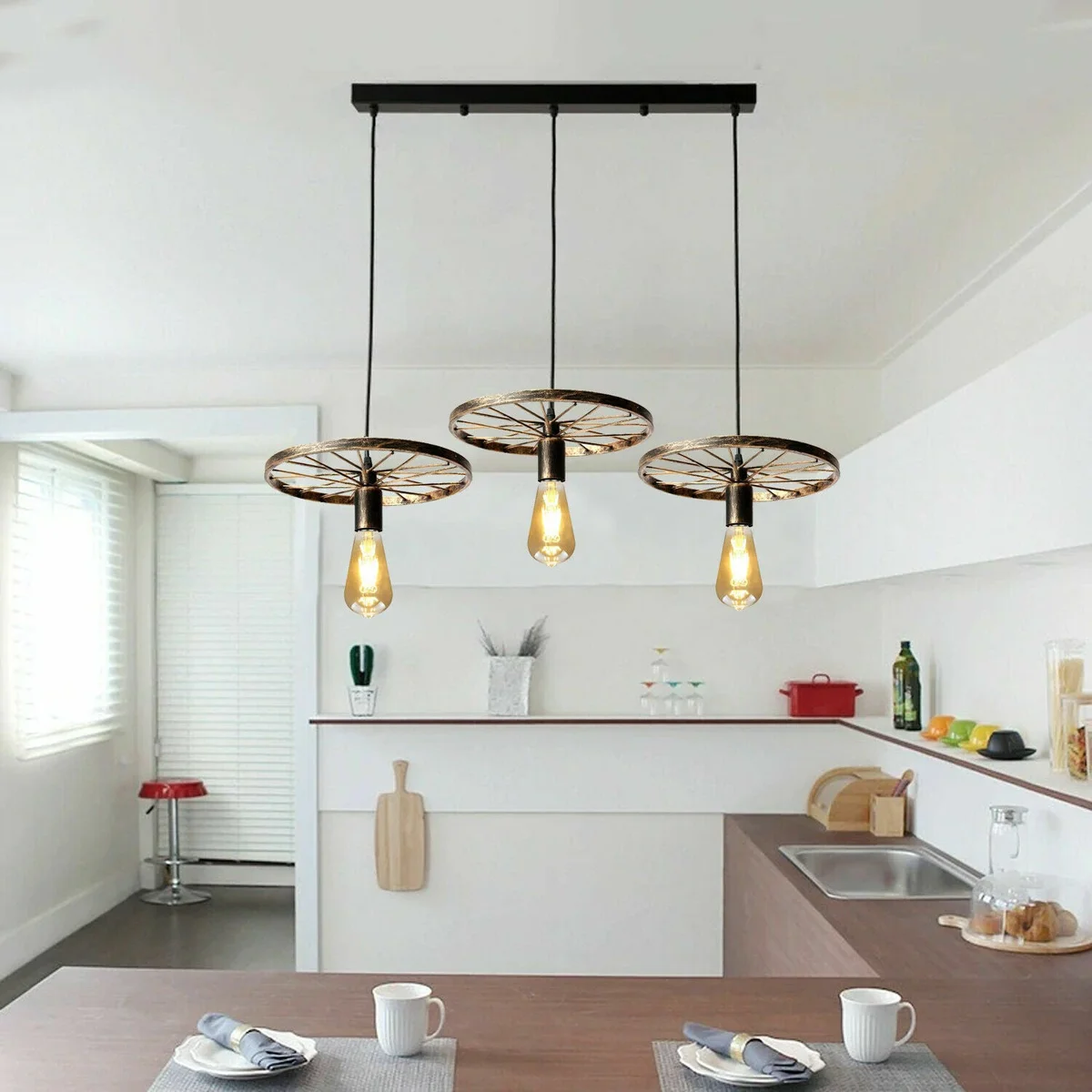Black vintage wheel adjustable hanging light with three pendant lamps and metal frame against white background