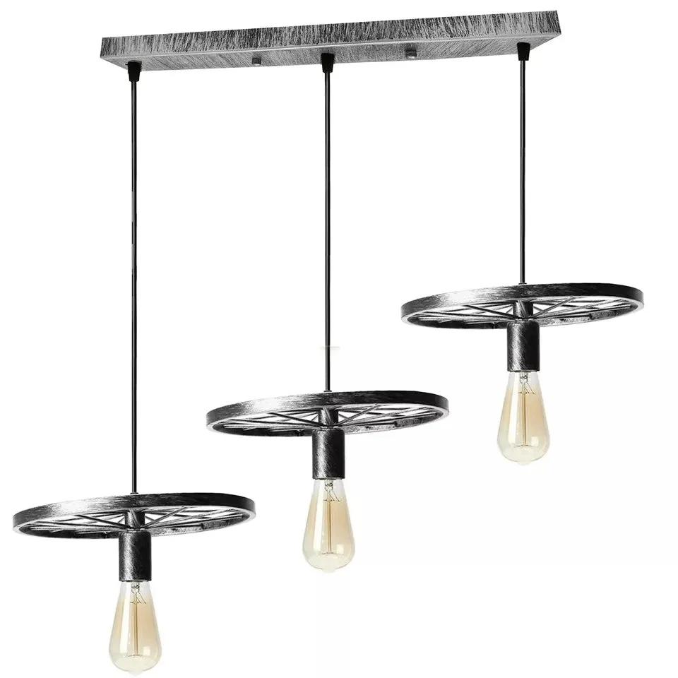 Vintage style black metal pendant shade shaped like a bike wheel with three hanging lights, ceiling mounted with adjustable cables
