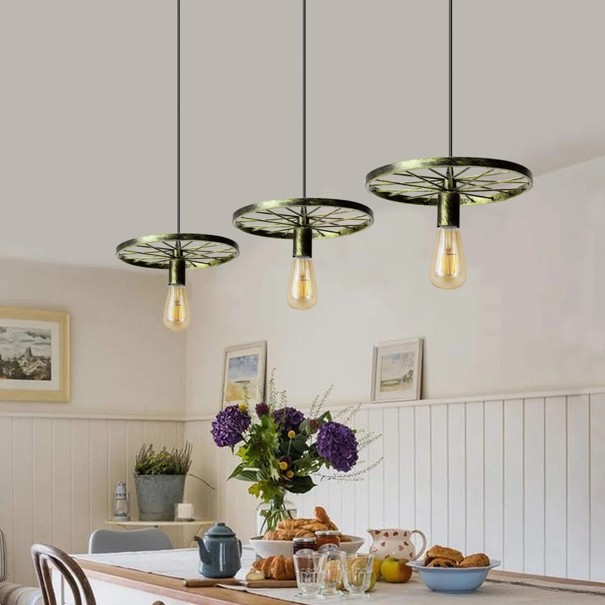 Vintage ceiling pendant light with black metal bike wheel design and three hanging E27 bulb holders against white background