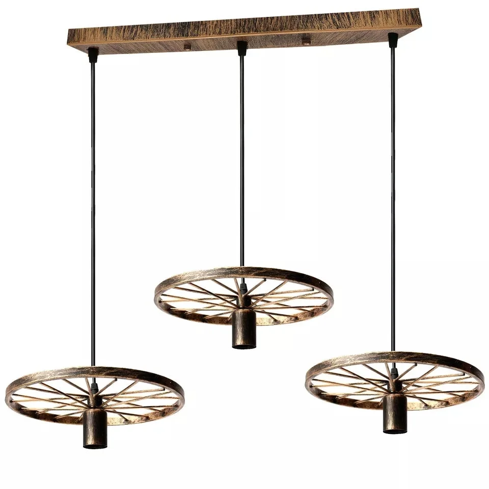 Vintage ceiling pendant light with black metal bike wheel design and three adjustable hanging lamps against white background