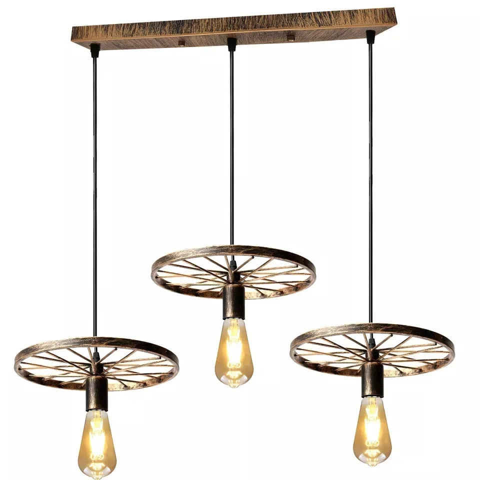 Black vintage ceiling pendant light with three hanging bulbs arranged in a bike wheel metal frame design