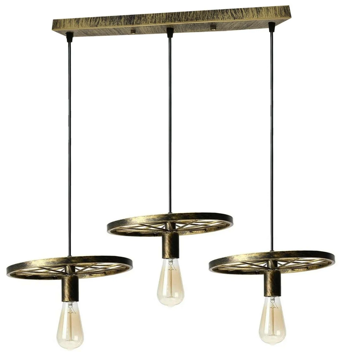 Vintage ceiling pendant light with black metal bike wheel design and three adjustable hanging bulbs against white background