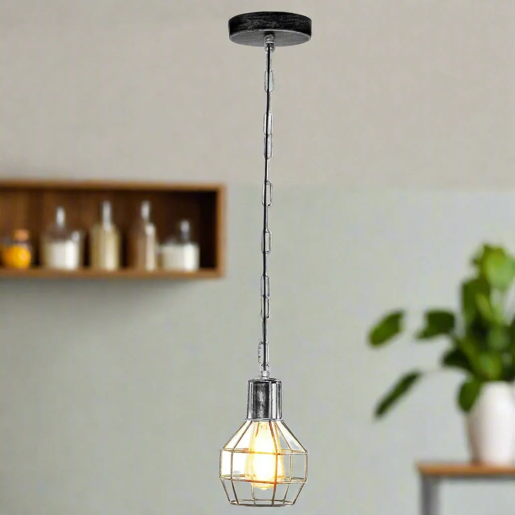 Brushed silver vintage ceiling light with adjustable metal wire cage pendant and 90cm PVC cable with chain hanging from ceiling plate