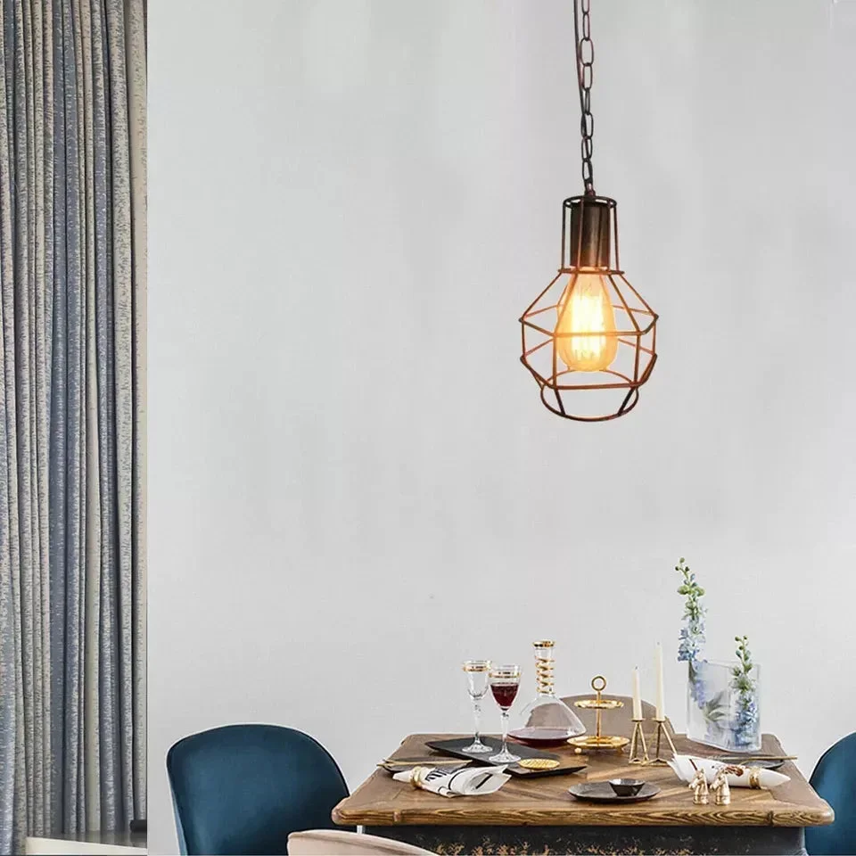 Brushed silver vintage metal cage pendant lamp with adjustable hanging light and 90cm cable and chain for indoor use
