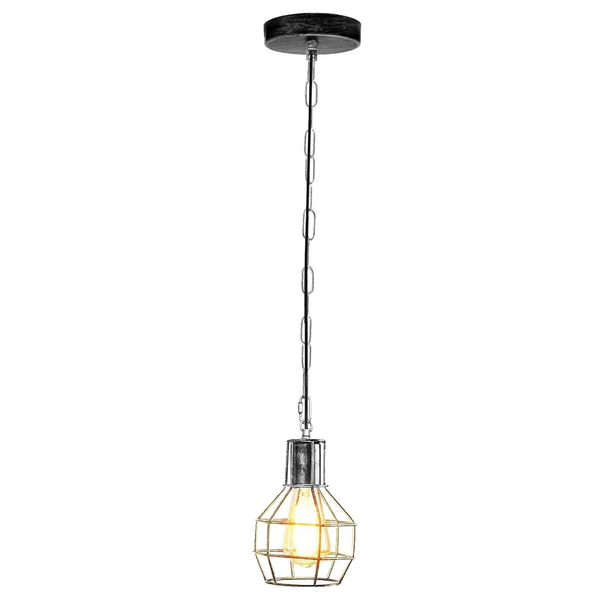 Brushed silver ceiling light with vintage metal wire cage pendant and adjustable hanging chain against white background