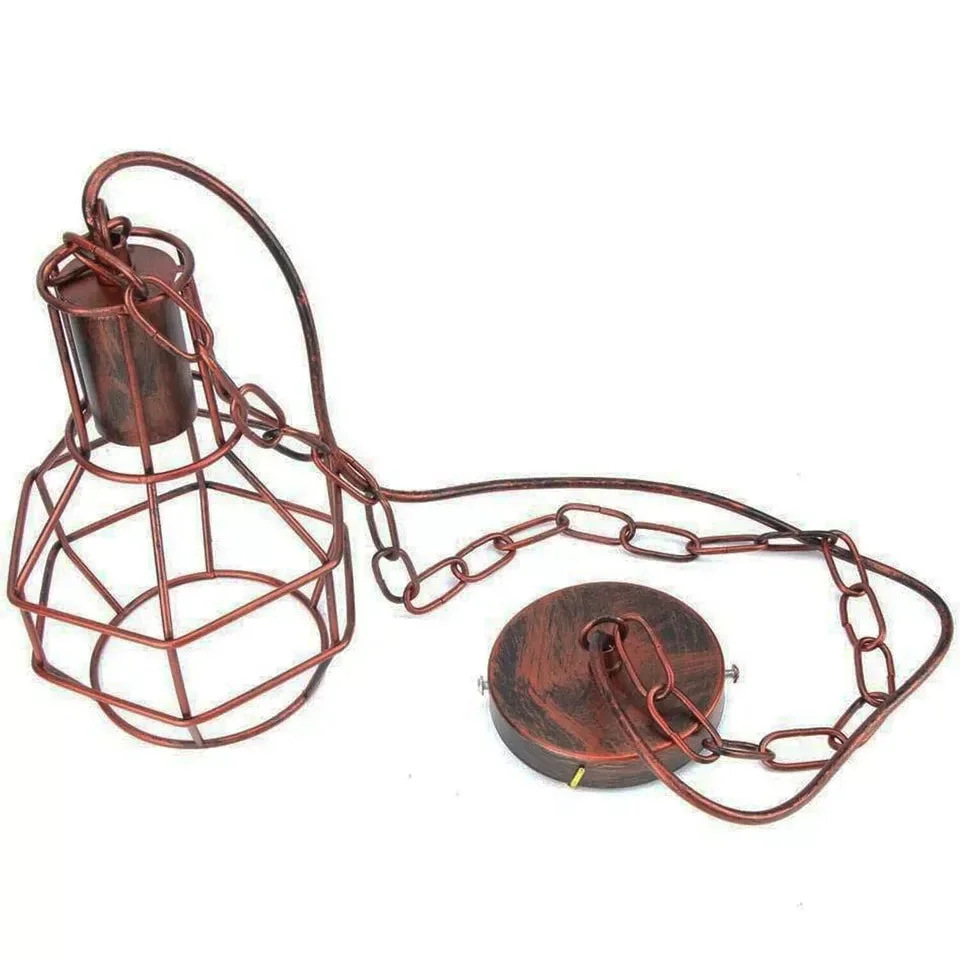 Brushed silver vintage metal cage E27 pendant lighting with adjustable hanging chain and black ceiling plate