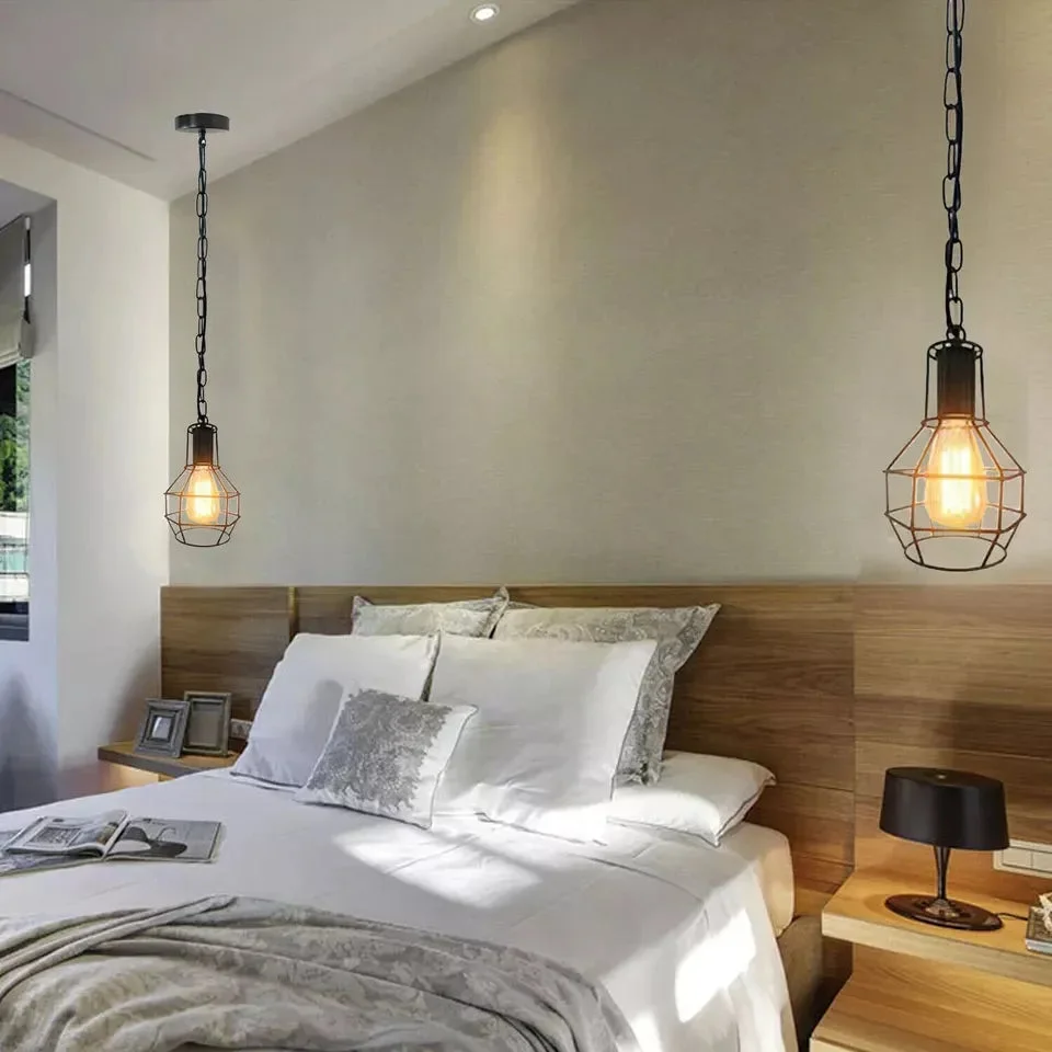 Brushed silver metal cage pendant lamp hanging with adjustable chain, showcasing rustic indoor light design