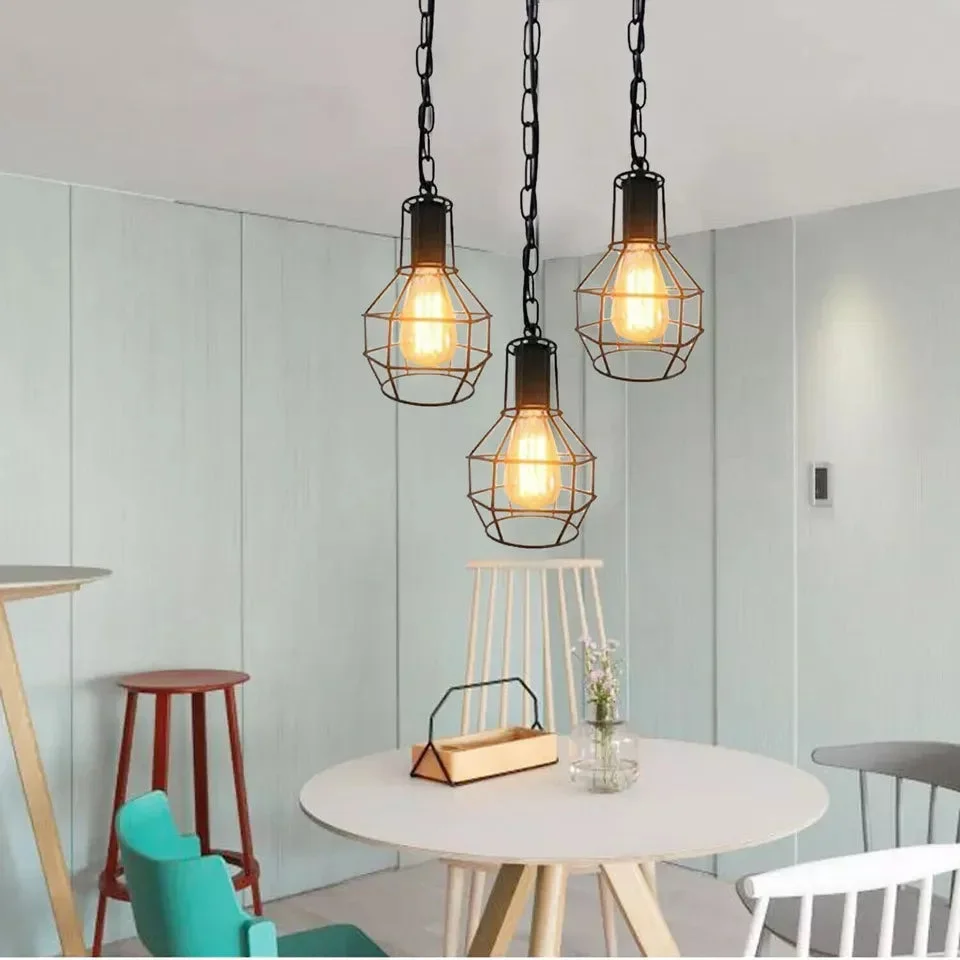 Brushed silver vintage ceiling light with metal wire cage pendant and adjustable hanging chain against white background