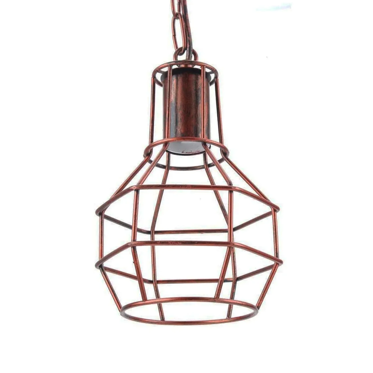 Brushed silver vintage ceiling light with metal wire cage and adjustable hanging chain against white background