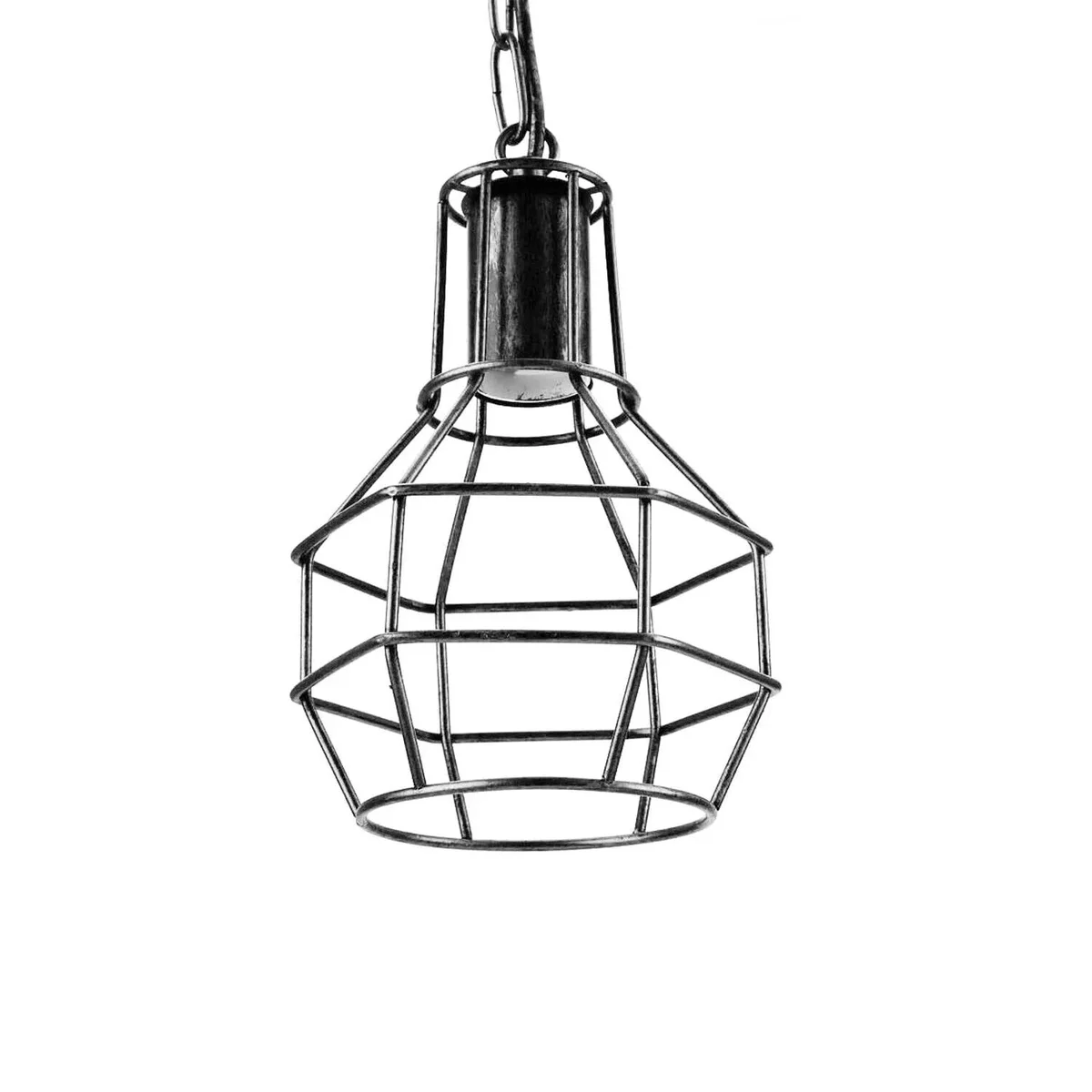 Brushed silver vintage ceiling light with adjustable metal wire cage pendant and 90cm PVC cable with chain hanging from ceiling plate