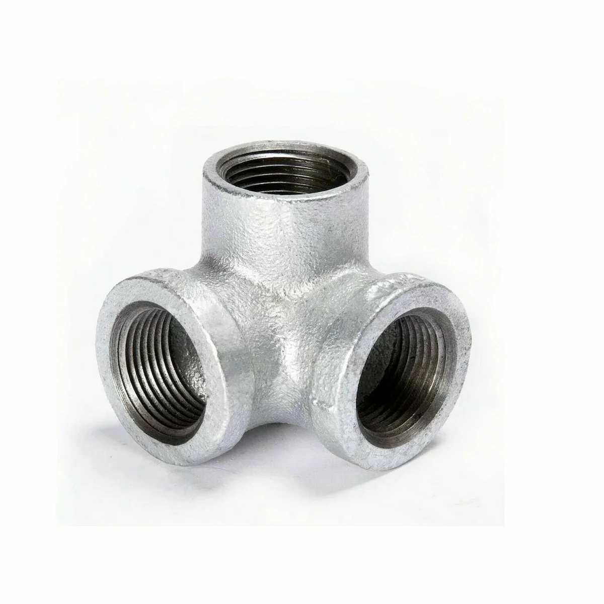 3 way galvanized pipe fitting with side outlet elbow, threaded BSP malleable iron, industrial style finish