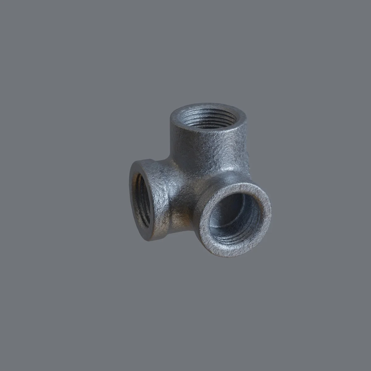 Galvanized 3-way malleable iron pipe fitting with side outlet elbow, showing industrial pipe fittings detail and threading