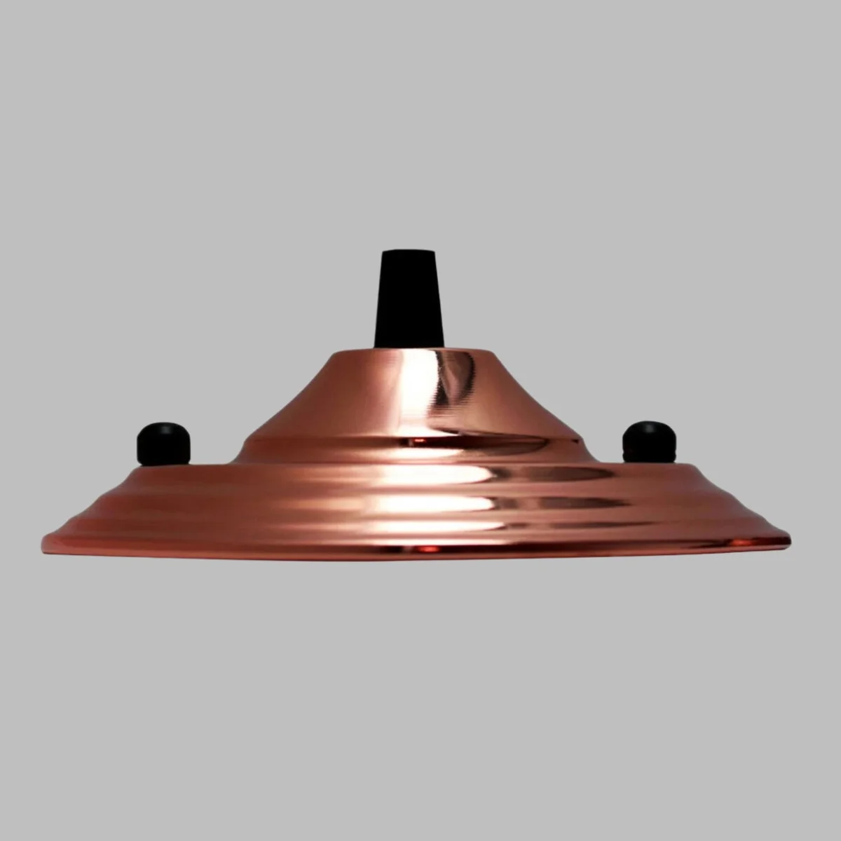 140mm metal ceiling rose with cord grip, single outlet, riveted construction, metallic finish, earth tag visible