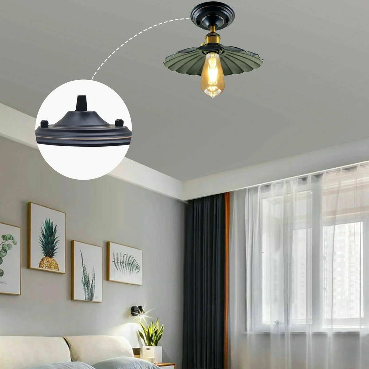 140mm metal front fitting ceiling rose with single outlet, metallic iron finish, central 10mm hole, and cord grip detail