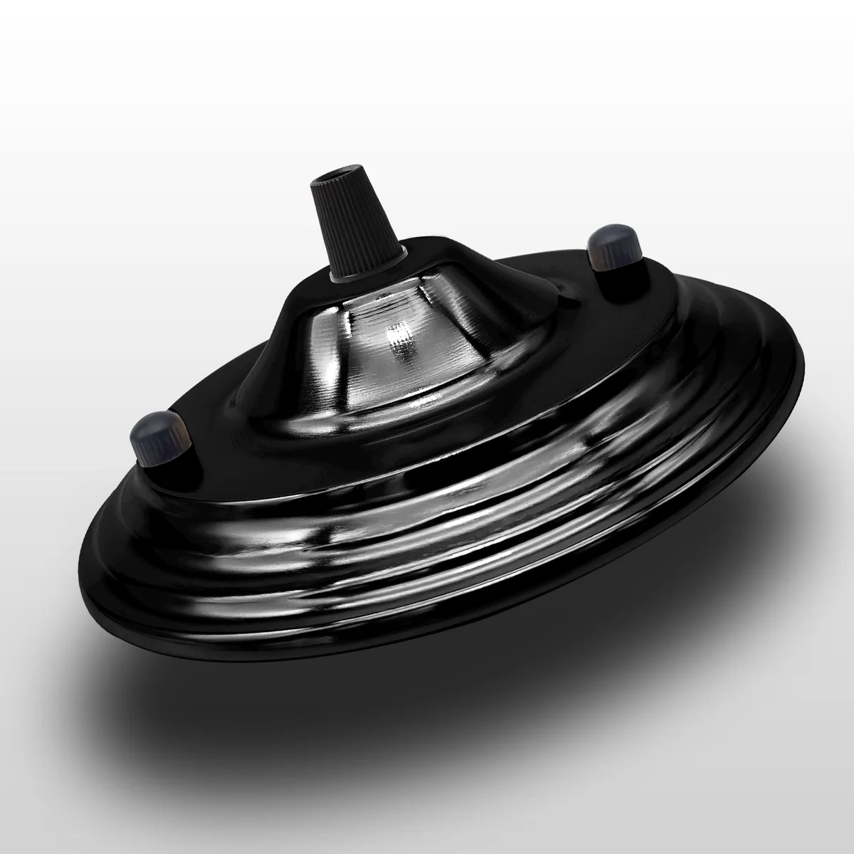 140mm metal ceiling rose with single outlet, cord grip, riveted iron construction, and earth tag for ceiling light fitting