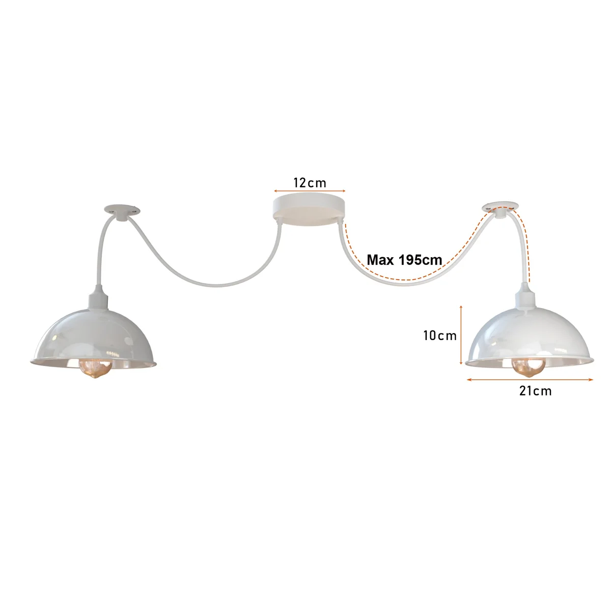 White industrial 2-light spider pendant adjustable hanging lamp with metal dome shades and black cables hanging from ceiling