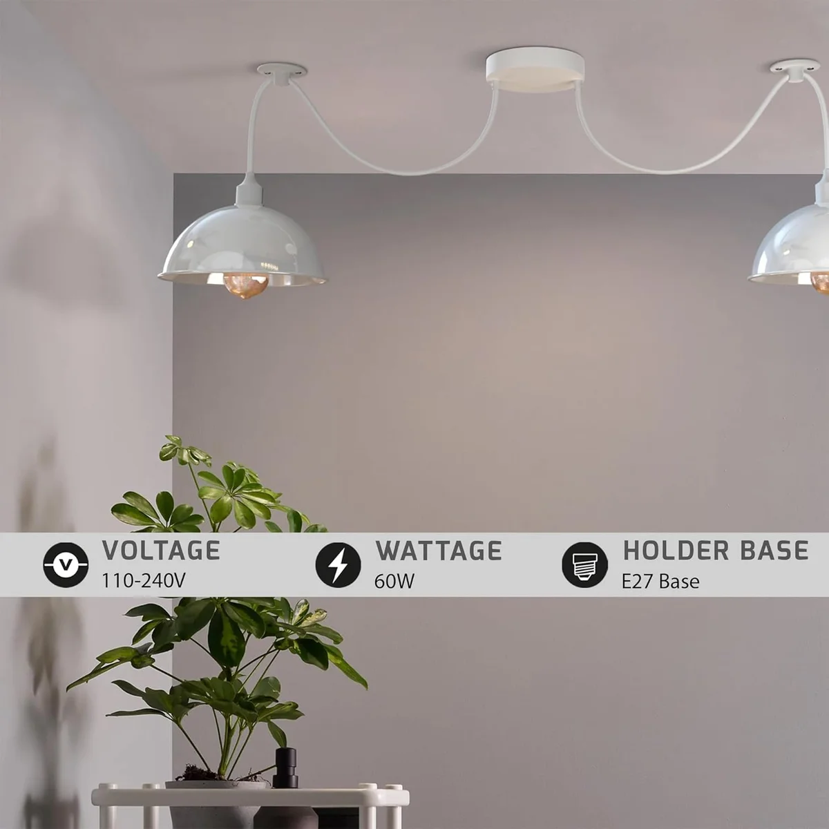 White 2-light spider pendant with adjustable cables and metal shades, retro industrial light with black exposed wiring