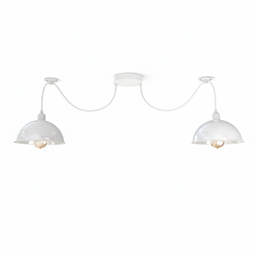 White industrial 2-light spider pendant with adjustable black PVC cables and metal shade pendant domes hanging from ceiling rose