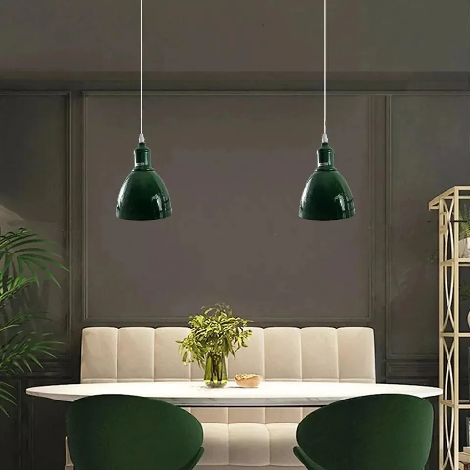 Green modern pendant ceiling light with glossy dome shade and adjustable angle, suitable for sloped ceilings and E27 bulbs