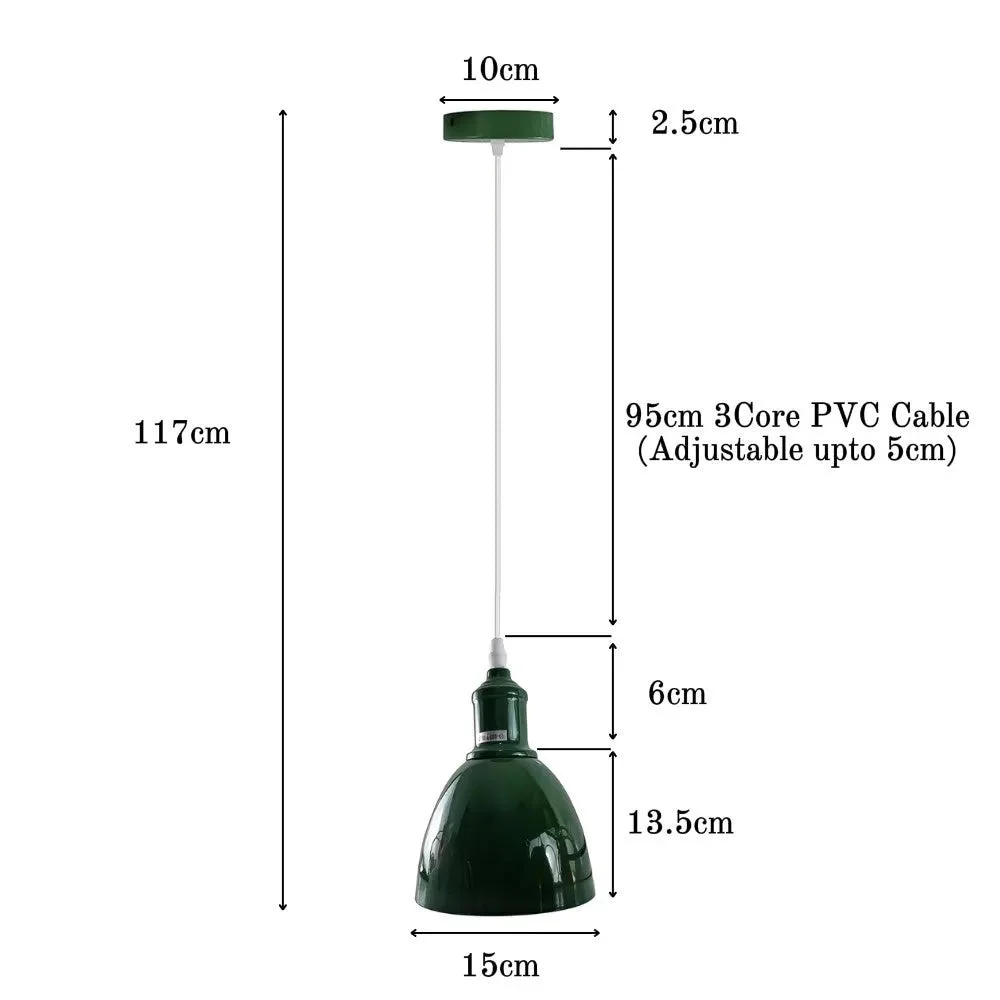 Green modern adjustable pendant light with glossy dome shade and white interior, hanging from ceiling with 95cm cable