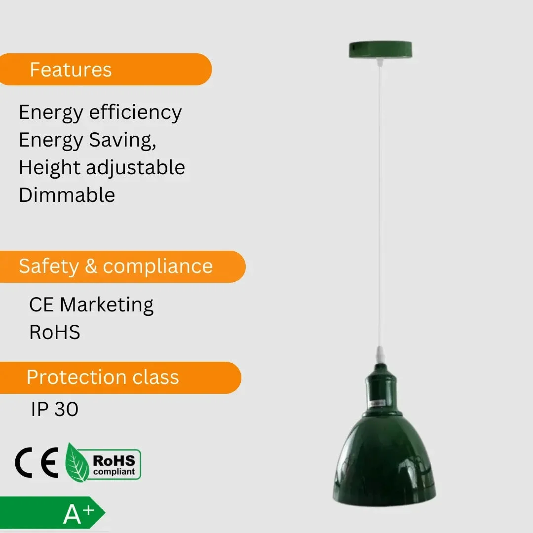 Green metal pendant lamp with glossy dome shade, adjustable angle, and 95cm PVC cable for ceiling installation