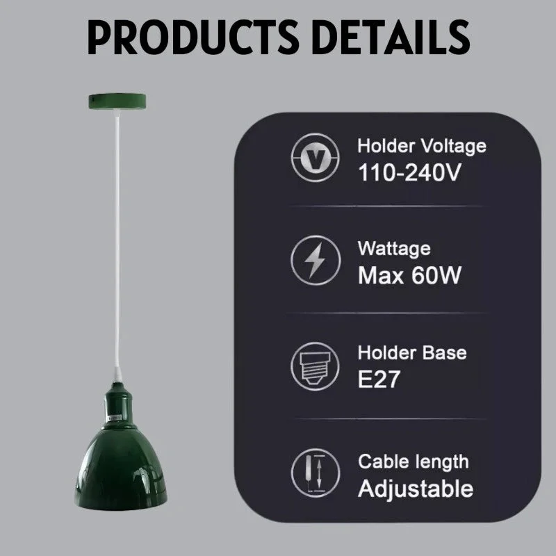 Green modern industrial pendant with adjustable angle and dimmable ceiling lighting, metal shade and 95cm cable visible