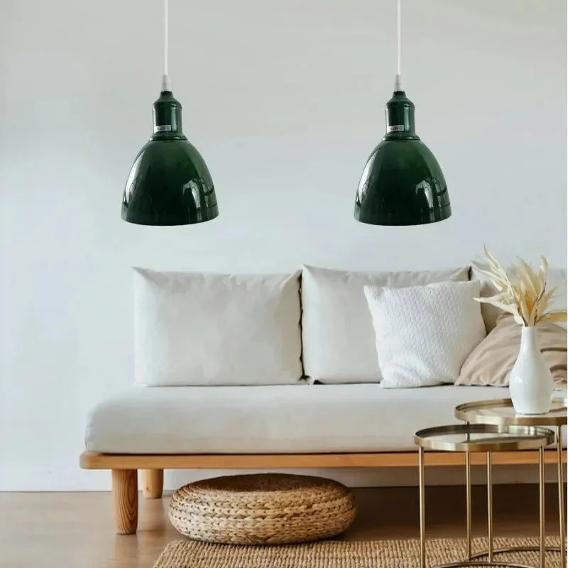 Green modern industrial E27 bulb pendant light with adjustable metal shade and 95cm cable hanging from ceiling