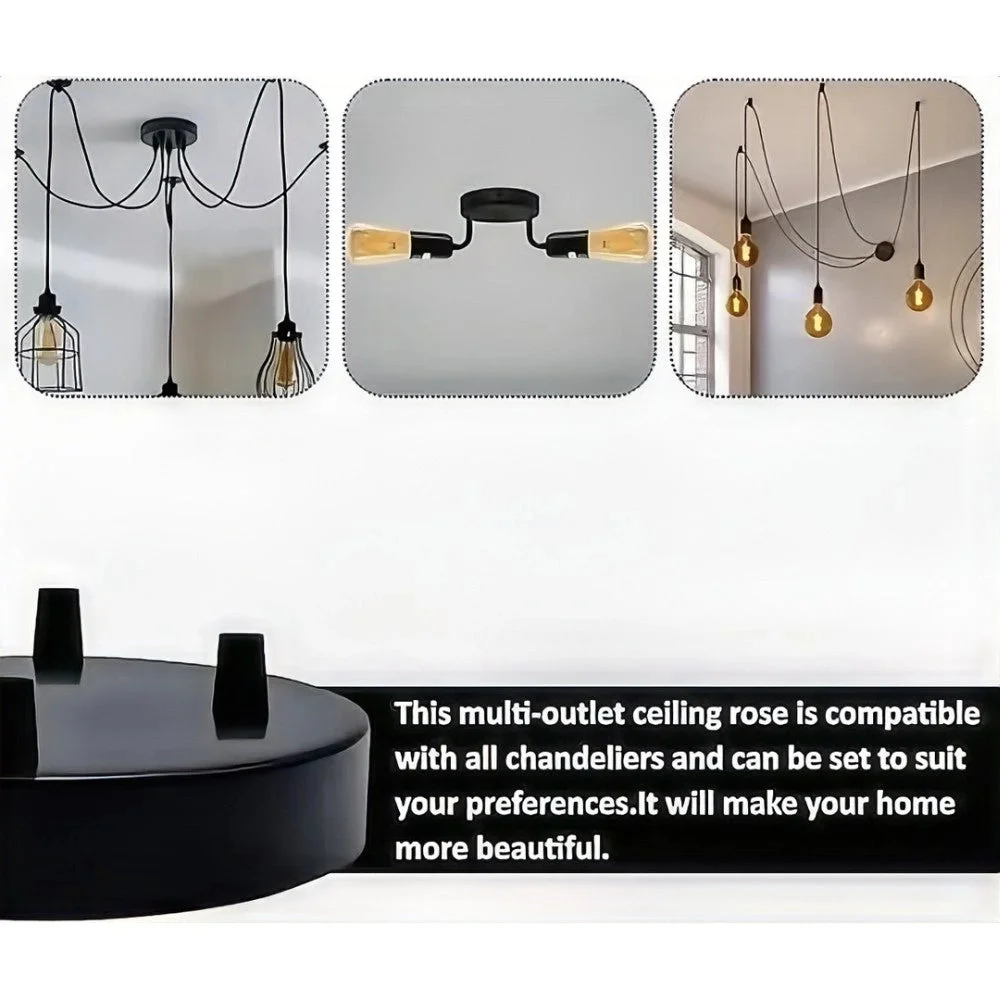 Round vintage ceiling light rose in French gold with three outlets and black cord grips on a white background