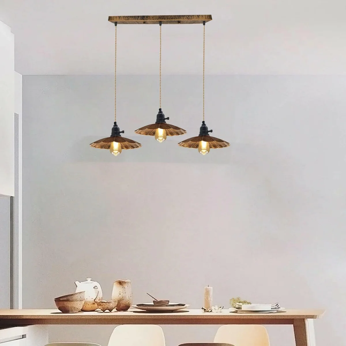 Three‑armed retro pendant light in brushed copper, hung with a 95 cm hemp wire cable and 3 bright lamps.