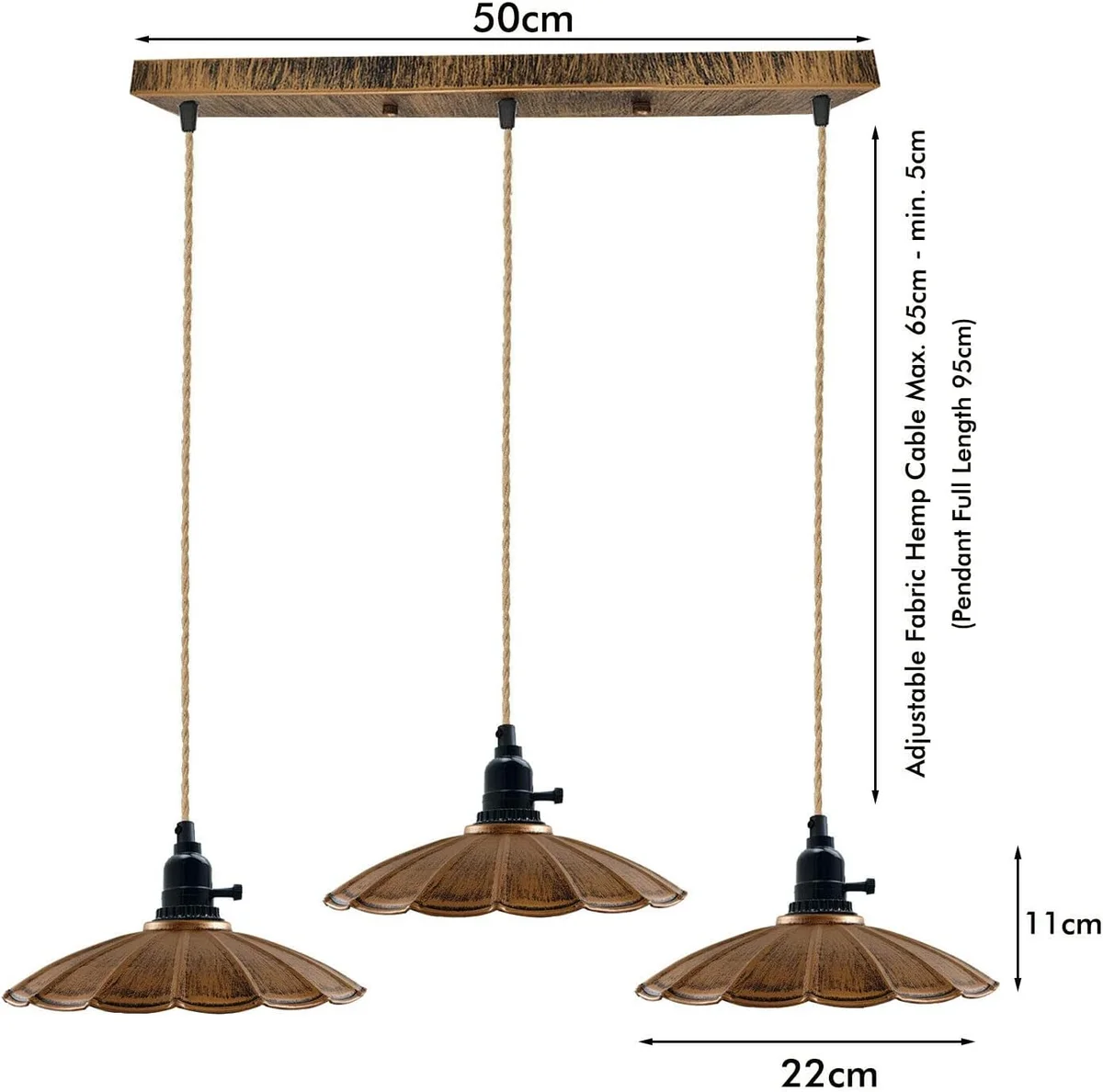 Three brushed copper E27 pendant lights hanging from hemp twisted cables, displaying metal holders and decorative shades.