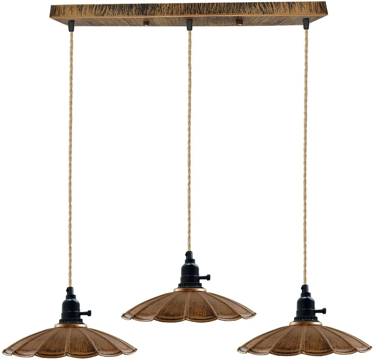 3 head pendant lights in brushed copper, hanging on a 50cm plate, each featuring a 95cm hemp cable and a round glass shade.